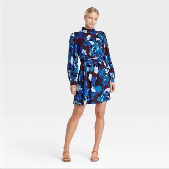 Who What Wear Blue Floral Long Sleeve High Neck Dress - Picture 1 of 6